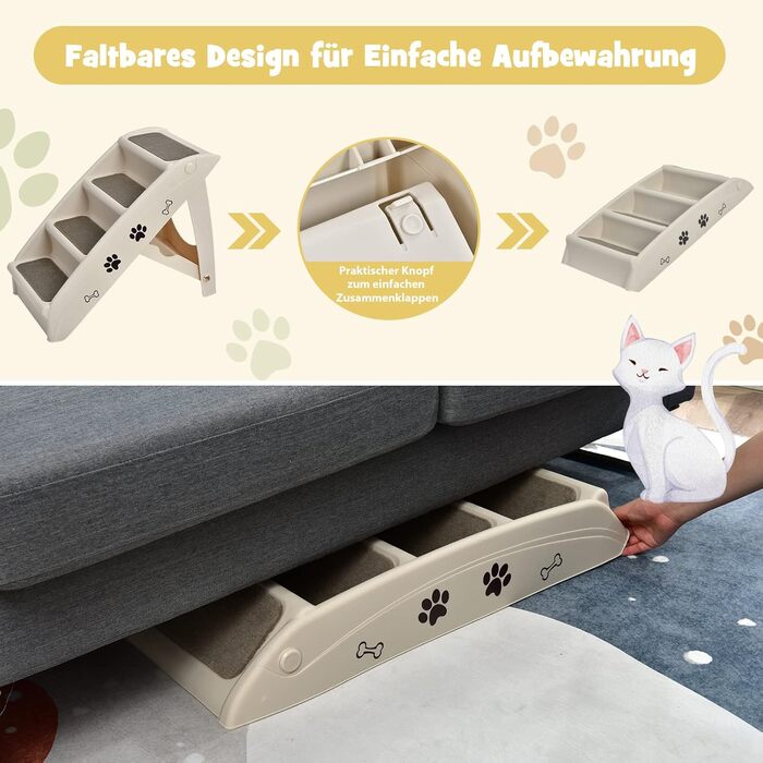 COSTWAY 4-Step Pet Stairs with Carpet, Dog Stairs Plastic Cat Stairs Foldable, Portable Dog Ramp Pet Stairs for Dogs and Cats, Pet Ramp for Climbing and Scratching (Beige)