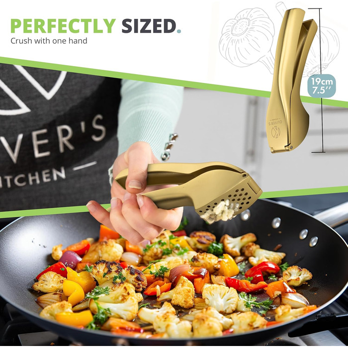 Преміум-прес для часнику Oliver's Kitchen® - зручний та легко миється - подрібнює часник та імбир без проблем (не потрібне очищення) - надзвичайно міцний та довговічний (матова золото)