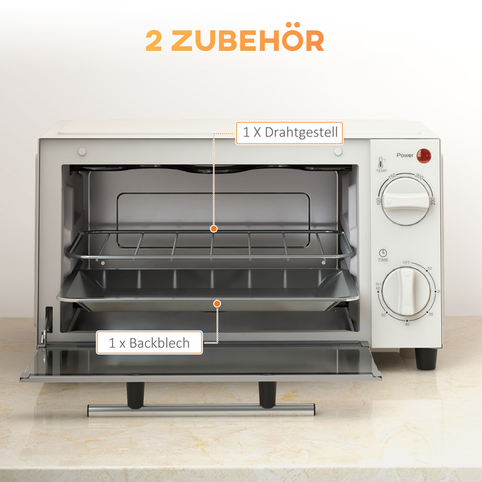 HOMCOM 9L Mini Oven with Baking Tray, Grill Rack, 100°C-230°C, with Adjustable Temperature and Cooking Time, 60 Min. Timer, 750W, Stainless Steel, Cream White | Aosom
