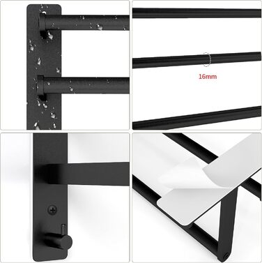 Тримач для рушників 80 см без свердління, чорний, з 3 стержнями, з нержавіючої сталі, з 2 гачками