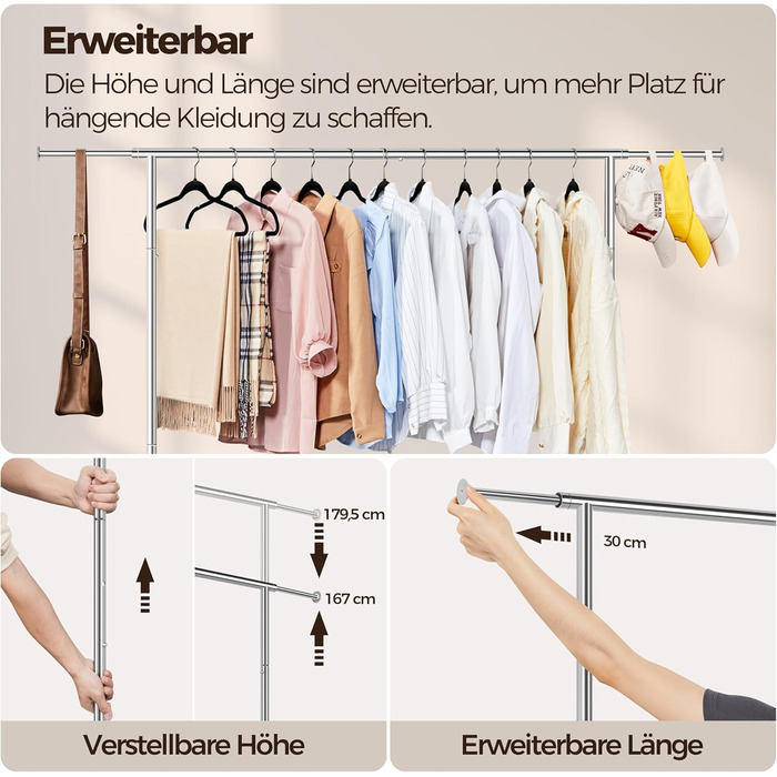 Yaheetech Clothes Rack Rolling Garment Rack Extendable Clothes Rail Height-Adjustable Clothes Hanger with Foldable Base, Load Capacity up to 90 KG