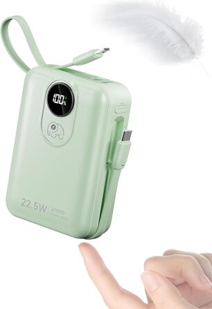 Power Bank 20000mAh з вбудованим кабелем: Швидка зарядка 22.5W, USB C (вхід/вихід), 4 виходи, 2 входи, білий/зелений
