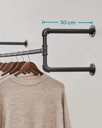 SONGMICS Wall Clothes Rack, Industrial Design Clothes Rail, 2-Piece Set, Wall Mounting, Load Capacity up to 60 kg, 30 x 112 x 29.3 cm, Easy Assembly, Black HSR64BK-02