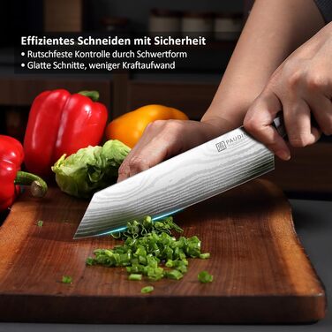 Японський ніж Santoku від Paudin, 20 см, Kiritsuke, з високоякісної сталі, ергономічна ручка, для м'яса, риби та овочів
