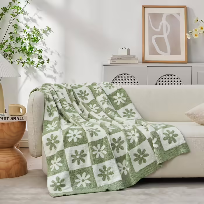Snuggle Sac Checkered Blanket, sage green with floral pattern, throw blanket for couch, checkered, microfiber, fluffy, warm, cozy, plush, soft, reversible, checkered, for sofa, chair, bed, 127 x