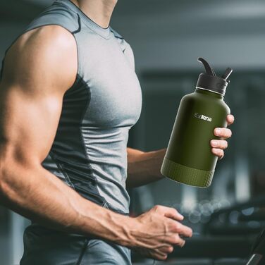 2L Stainless Steel Water Bottle with Straw, Double-Insulated Water Bottle 2 Liter with Two Lids and Protective Silicone Boot, Practical Paracord Handle for Carrying - (1893 ml, Green)