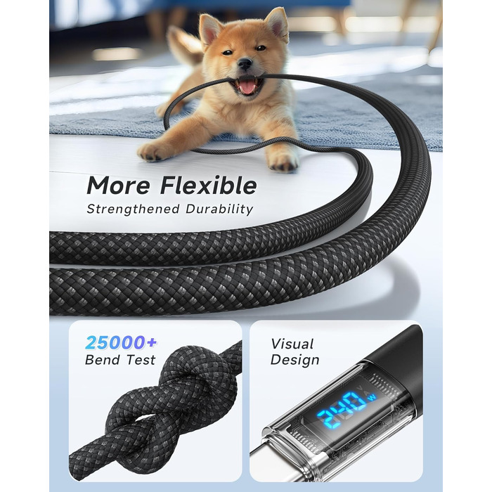 Кабель USB-C RAVIAD 240W, 1м, PD3.1, USB-C - USB-C, нейлон, для iPhone, Galaxy, Pixel, iPad, MacBook, 240W, чорний