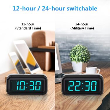 Цифровий будильник Timegyro з LED-дисплеєм, портативний для подорожей, настільний, 3 рівні яскравості, великий LED-дисплей 1.2' для спальні, вітальні, чорно-білий (чорно-синій)