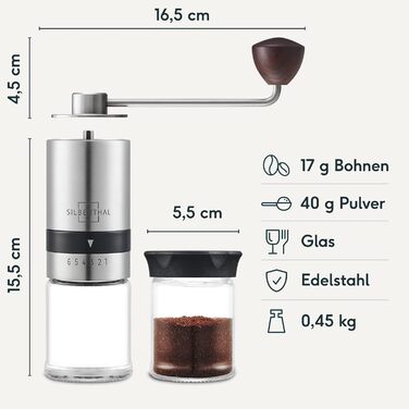 SILBERTHAL Набір для приготування кави френч-прес: ручна кавомолка та термопреса 1л - регульований помел - нержавіюча сталь та скло - подарунковий набір для кавоманів