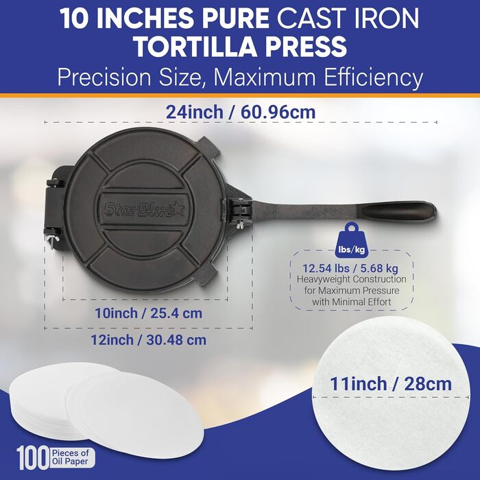 StarBlue Cast Iron Tortilla Press - 10 Inch with 100 Oil Sheets & Recipe eBook - Chapati, Roti, Tortilla Maker