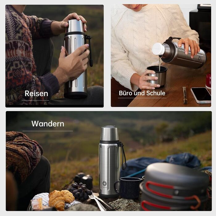 Термос Healter Thermoskanne 1л з чашкою (72 години холод, 24 години гаряче) – термофляга для кави, чаю, термокружка з фільтром та знімним дном. Підходить для подорожей, офісу та школи (зелений, срібний)