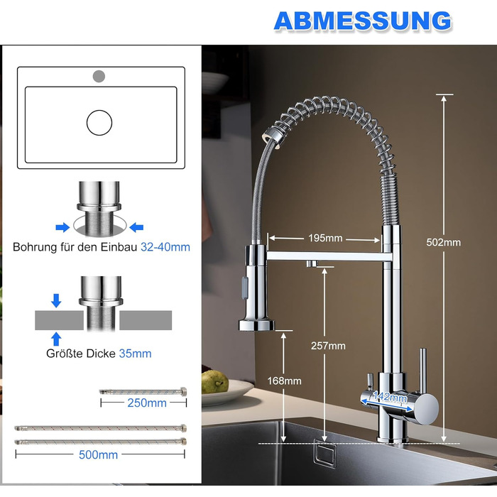 3-х шляхова кухонна змішувач з поворотним виливом 360°, 2 функції (душ, аератор), 3-в-1, з фільтром, з міді та нержавіючої сталі, з гнучкою насадкою для душу, хром