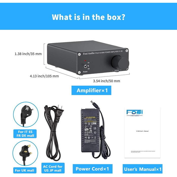 Fosi Audio V1.0B стерео підсилювач 2x50 Вт, 2-канальний міні Hi-Fi класу D, інтегрований TPA3116, з блоком живлення 19 В 4,74 А для динаміків