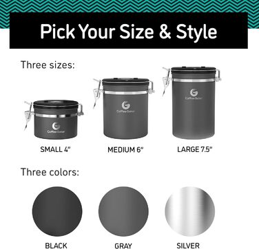 Контейнер для кави Coffee Gator з нержавіючої сталі, герметичний, з датчиком дати та CO2-вентилем, мірна ложка, для кавових зерен, кавової гущі, горіхів, чаю, цукру, борошна, сріблястий