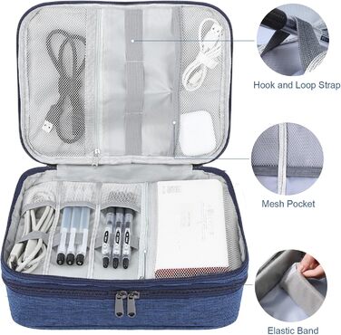 Органайзер для кабелів AiQInu: універсальна дорожня сумка-кубик, 3 шари, водонепроникний, для кабелів, powerbank, USB, SD карт (темно-синій)