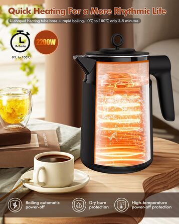 Електричний чайник з нержавіючої сталі 2200W з швидким нагріванням, автоматичним вимкненням, захистом від сухого кипіння, 1.7L, без BPA, без контакту з пластиком, тихий, чорний
