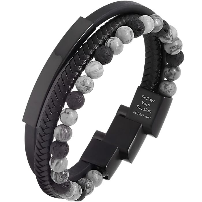 Чоловічий шкіряний браслет з тигровим оком та лавовим каменем | Ручна робота, гравірування, регульований магнітний замок | Чорний, коричневий, синій, срібний | Подарункова коробка