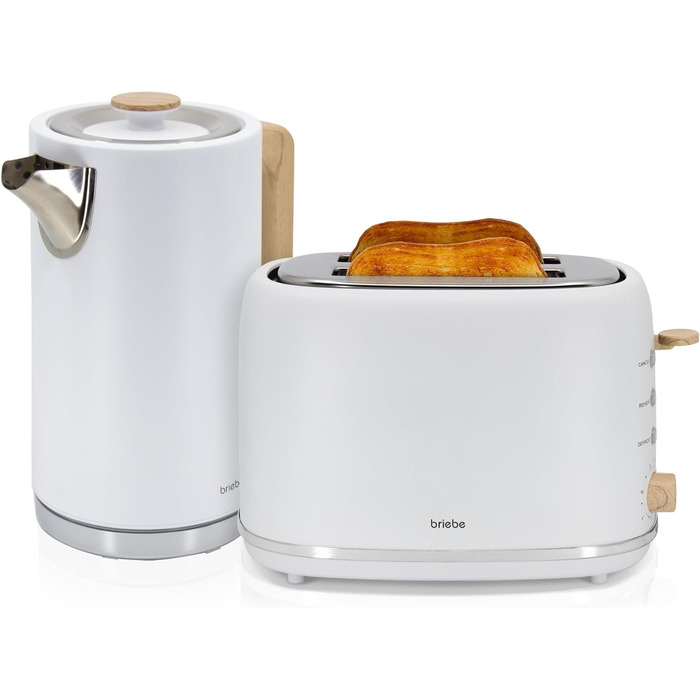 Тостер Briebe Nordic Set з широкими слотами та підставою для бургерів, 6 режимів підсмажування + Електричний чайник 1,7л, 2200W, BPA-free, Набір для сніданку, Скандинавський дизайн (Білий)