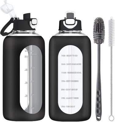 2 Liter Glass Drinking Bottle, 2l Glass Bottle, Glass Water Bottle with Straw, Bottle Brush, Black