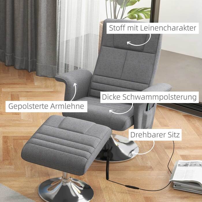HOMCOM Electric Recliner TV Chair with Footrest, Reclining Function, Vibration Massage, Remote Control, Linen-Look Dark Grey