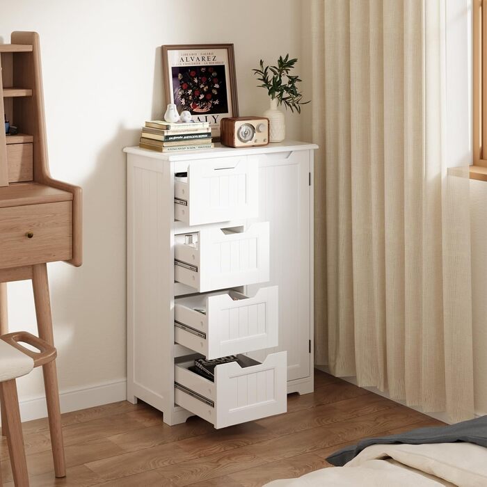 Bealife Bathroom Cabinet, Narrow Vanity Storage Cabinet with 4 Drawers, Cupboard Door, Adjustable Partition, Suitable for Bathroom, Living Room, Kitchen, Hallway