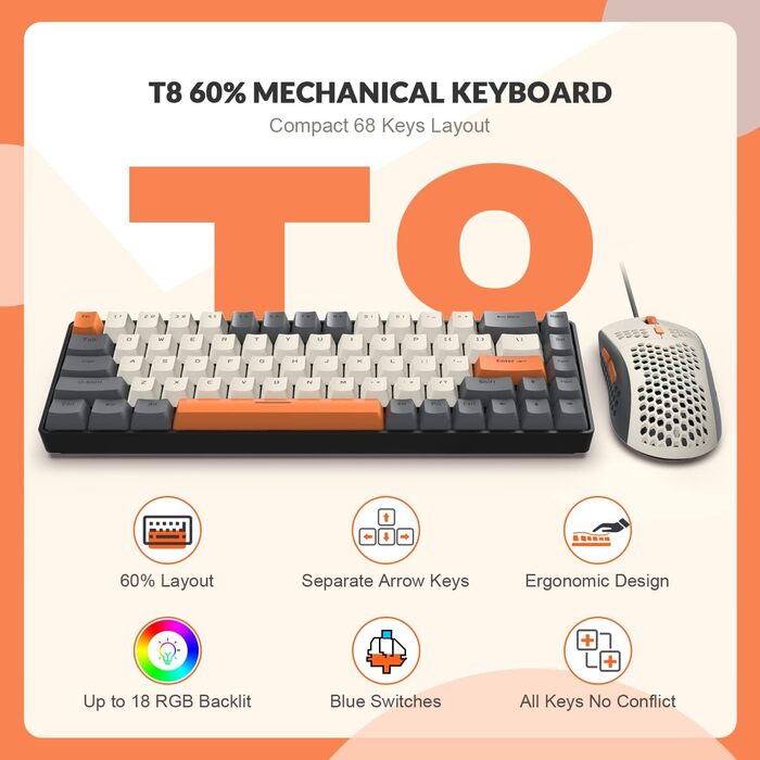 Ігровий комплект клавіатури та миші YINDIAO T8 RGB (68 клавіш) з USB-C кабелем, 6400DPI, для PC/PS5, темно-сірий