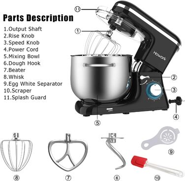 Кухонна машина Howork Knetmaschine: потужна 1500W, 8L, нахильна чаша, 6 швидкостей, міксер, гак для тіста, сплітштор, чорний