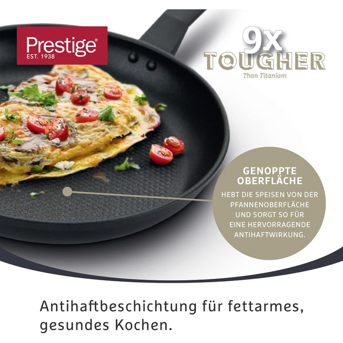 Набір сковорідок Prestige 9 x Tougher: 3 шт. (21/25/29 см) з антипригарним покриттям, стійким до подряпин, індукційні, з ергономічними ручками, безпечні для духовки та посудомийної машини
