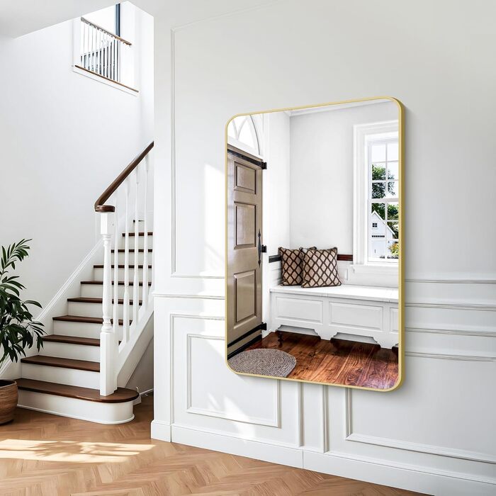 Дзеркало для ванної кімнати BONEWEI, 61 x 121,9 см, прямокутне, для монтажу на стіну, з рамою, косметичне дзеркало з округлими кутами, для спальні, вітальні, передпокою, горизонтальне (Золотий, 139.7L x 91.4B cm)