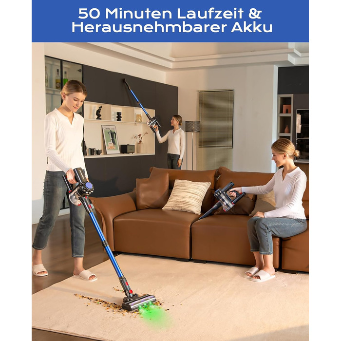 Бездротовий акумуляторний пилосос Ivormentico 50 хв / 40 кПа / 450 Вт з LED, для видалення шерсті тварин, темно-синій