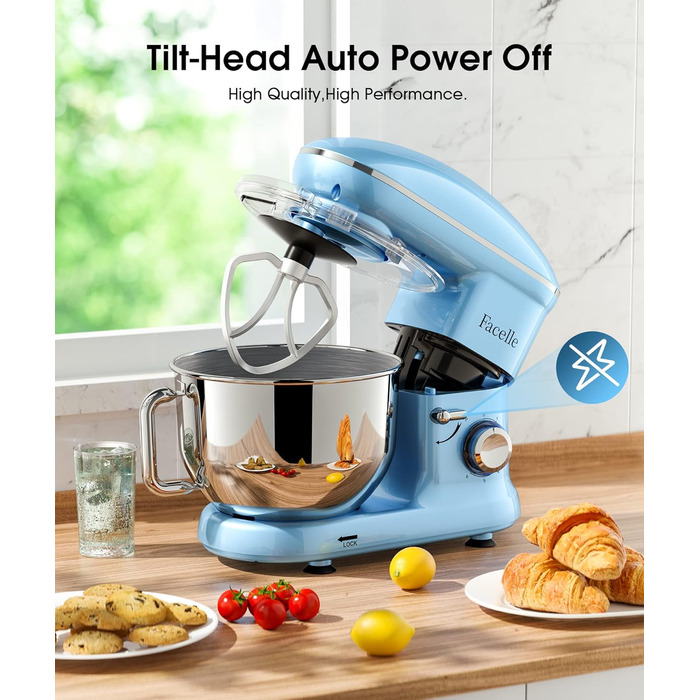 Кухонна машина Facelle 1500W з нержавіючою чашею 6.2L, 6 швидкостей, комплект насадок (міксер, гак для тіста, вінчик, сплеск-захист), блакитна