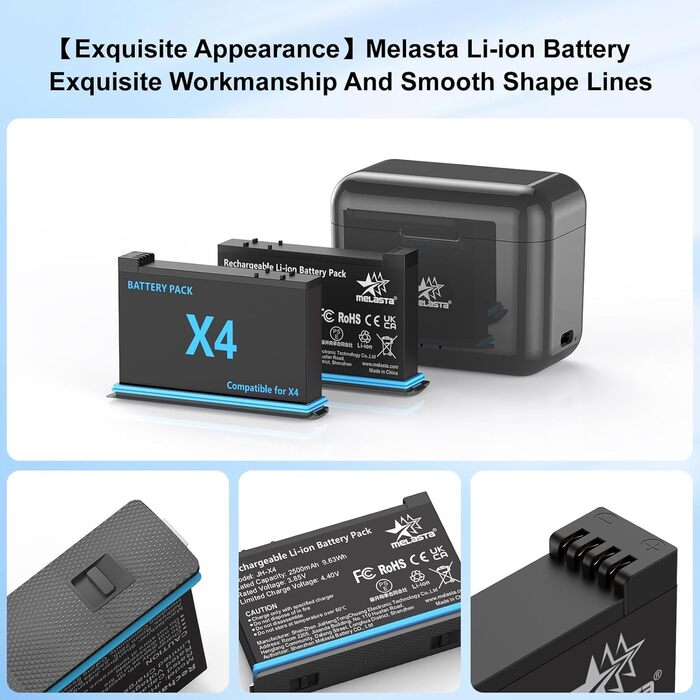 Акумулятор Melasta 2500mAh для Insta360 X4 (2 шт.) з зарядним пристроєм USB-C. Запасний акумулятор для екшн-камери Insta360 X4