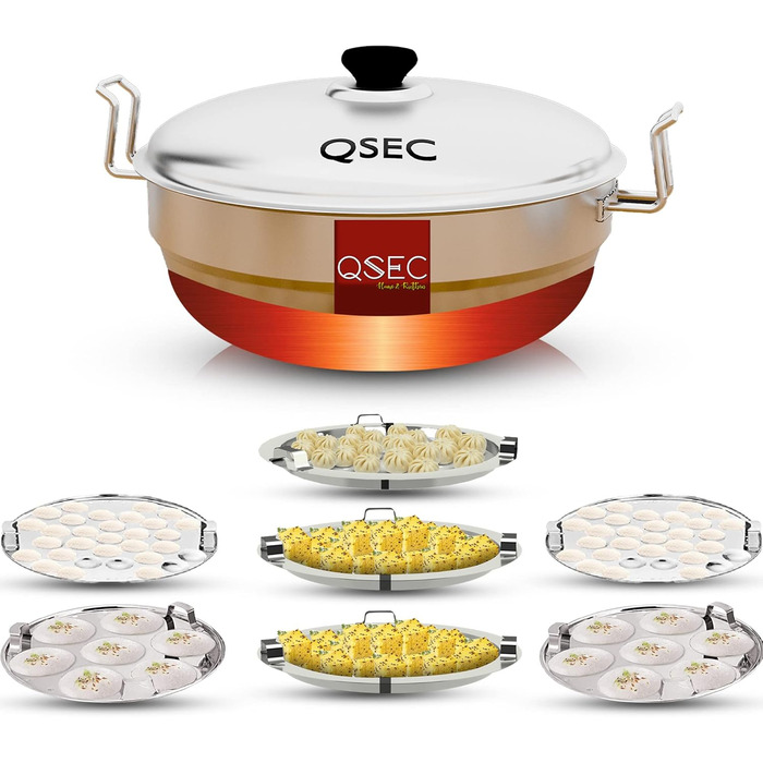 QSEC Пароварка для ідлі та докла з нержавіючої сталі, мультикастрюля з мідним дном, 7 тарілок, стійка для міні-ідлі, для приготування ідлі, докла, момо, багатофункціональна