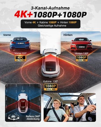 3-канальний автомобільний відеореєстратор 4K STARVIS 2 (передній, внутрішній, задній), 360° камера, нічна зйомка, HDR, WiFi 6, GPS, паркування 24г, G-сенсор, карта 64ГБ, чорний