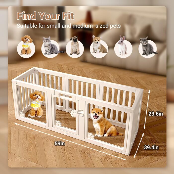 Клітка для собак з дверима, безпечна клітка для собак, цуценят, котів, кроликів, горностаїв, легка у встановленні та чищенні, пластикове вольєр з анкерами та присосками для маленьких (5 + 3: 50 x 150 см)