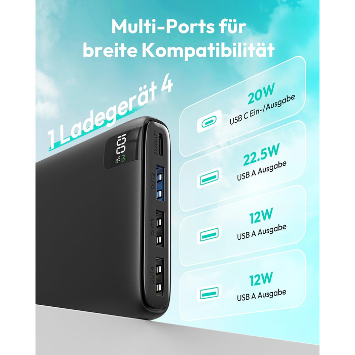 Power Bank A ADDTOP 26800mAh з LED дисплеєм та 4 виходами, 22.5W швидка зарядка, PD3.0, QC4.0, USB-C, для iPhone, Galaxy, Tablette, чорний