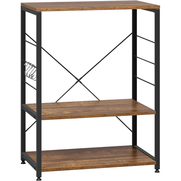Kitchen Shelf, Microwave Shelf with 4 Hooks, Baking Shelf with 3 Tiers, Storage Shelf for Kitchen, Cafe, Living Room, Bathroom, 60 x 82 x 40 cm, Vintage Wood Look + Black