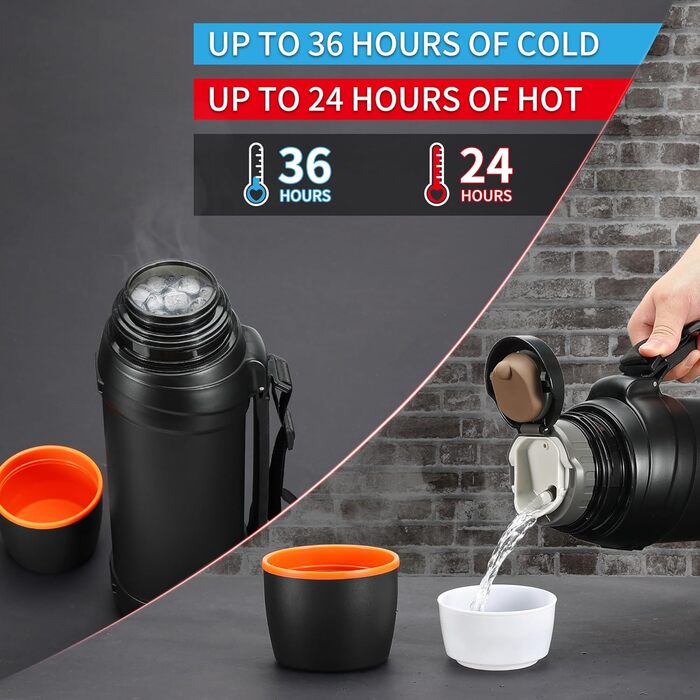 Термос-пляшка з нержавіючої сталі, 2.5 л, з кришкою-чашкою, зберігає тепло 24 год, холод 24 год, без BPA (чорна)