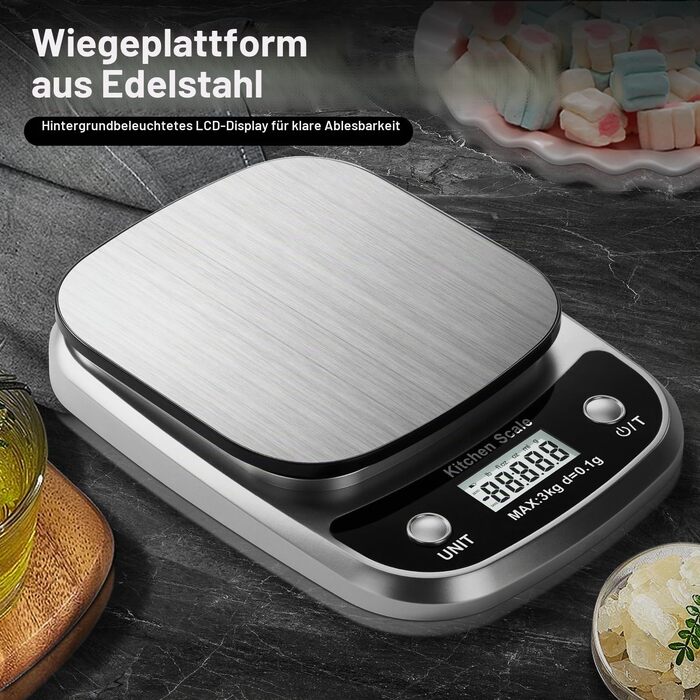 Цифрові кухонні ваги GRAM PRES для продуктів та дієт, точність 0.1г, до 3кг, платформа з нержавіючої сталі, LCD-дисплей, сріблясті (K1905-3KG)