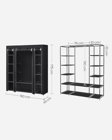 SONGMICS Wardrobe, Fabric Clothes Closet, with Clothes Rail and Shelves, Fabric Cover, for Bedroom, Dressing Room, 150 x 45 x 175 cm, Black LSF03H