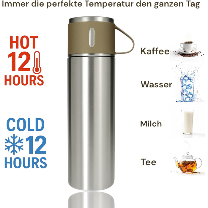 Термос 500 мл з нержавіючої сталі – 2 чашки з ручками – без витоку, BPA-free – з щіткою для чищення – колір: сріблястий