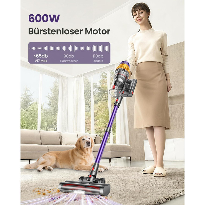 Бездротовий акумуляторний пилосос з 2 акумуляторами, 150 хв роботи, 55000 Па, 600 Вт, об'єм 2.0 л, з дисплеєм, антизаплутана щітка, самостійна парковка, настінна зарядка, 11-шарова фільтрація для шерсті тварин, килимів та твердих поверхонь