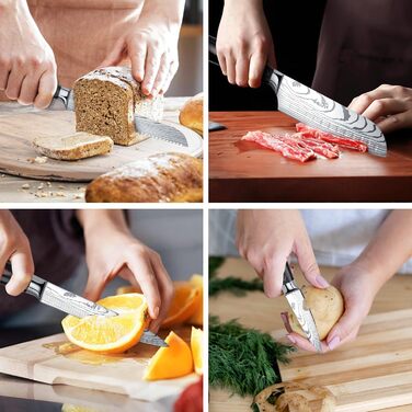 Набір кухонних ножів Gustrug 5 шт. з нержавіючої сталі, ергономічні ручки, професійний набір ножів з кухарським, хлібним, сантоку, універсальним та овочевим ножами, подарункова коробка