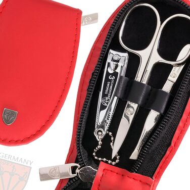 Набір манікюру Drei Schwertter 'Olbia' 6 предметів - нігетюї з натуральної шкіри червоного кольору | Ніж для шкіри, ножиці для нігтів, пінцет скошений, двосторонній інструмент, кусачки для нігтів, напільник з сапфіру червоного кольору - ЕКОШКІРА