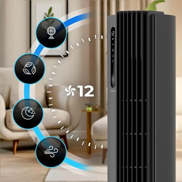 Турбовентилятор 110 см з пультом керування, тихий вентилятор-вежа, 30W, 12 швидкостей, таймер 12h, іонізація, охолоджувач повітря PURE Plasma, білий (сірий)