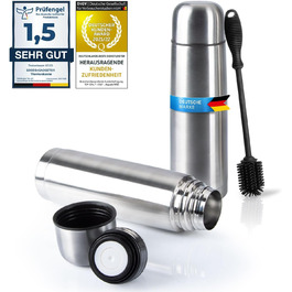 Термос із нержавіючої сталі з чашкою та щіткою; термос-каністра з подвійними стінками, ізольована, не протікає, придатна для миття в посудомийній машині, без BPA + щітка для чищення; зберігає напої гарячими та холодними (сріблястий - 1000 мл)