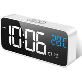 Цифровий годинник MOSUO з LED-дисплеєм, USB-зарядка, показник температури, голосове керування, 2 таймери, функція відкладання, регулювання яскравості та гучності, білий