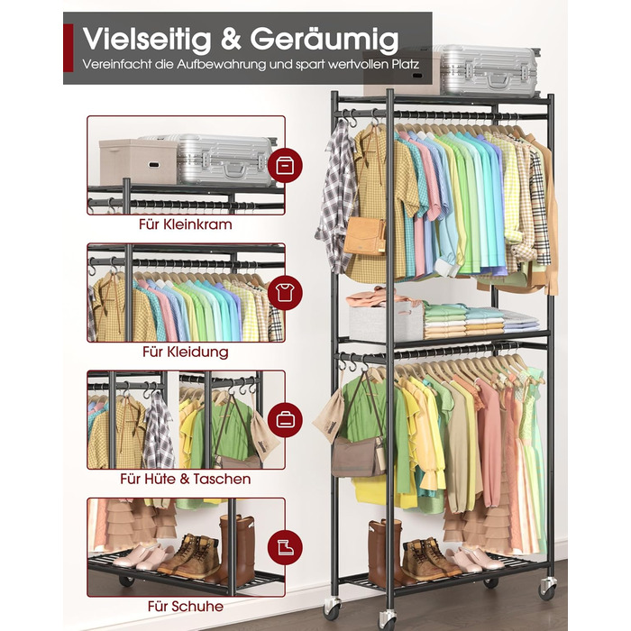 Стійка для одягу на колесах з полицями та гачками, металева, 84 x 31 x 202 см, чорна