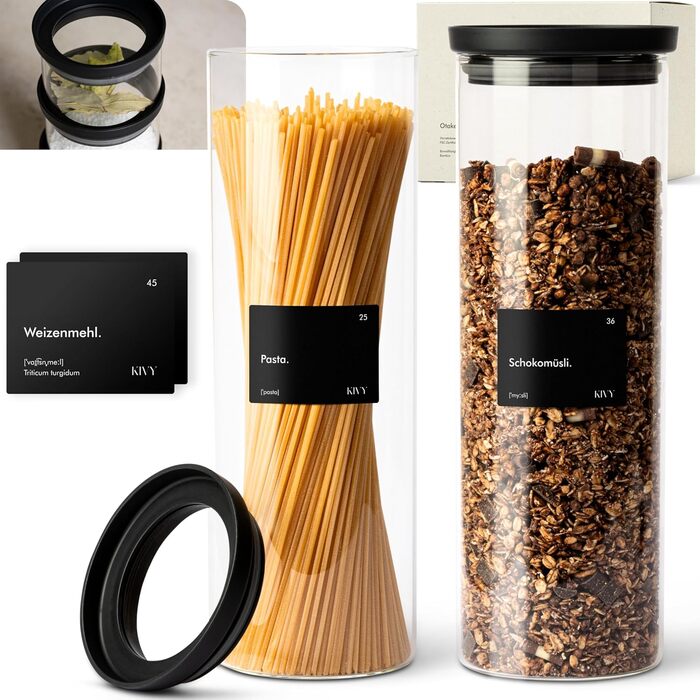 KIVY Storage Jars with Transparent Glass Lids [2x 1800ml] Airtight Noodle Jars with Lids - Cereal Storage Glass - Spaghetti Storage Glass - Large Jar for Spaghetti Glass