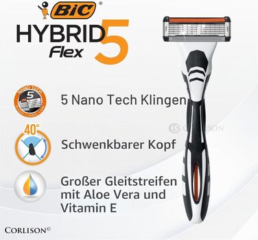 Чоловіча бритва BIC Hybrid 5 Flex, вологий гоління, 10 змінних касет по 5 лез, з алое вера та вітаміном E, з тримером для точного гоління